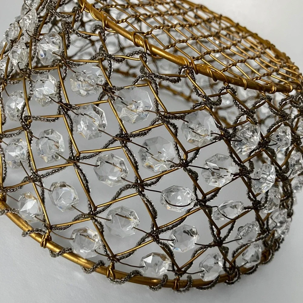 Vintage Gold Wire Crystal Basket Decorative Beaded Bowl Centerpiece 10 Inch